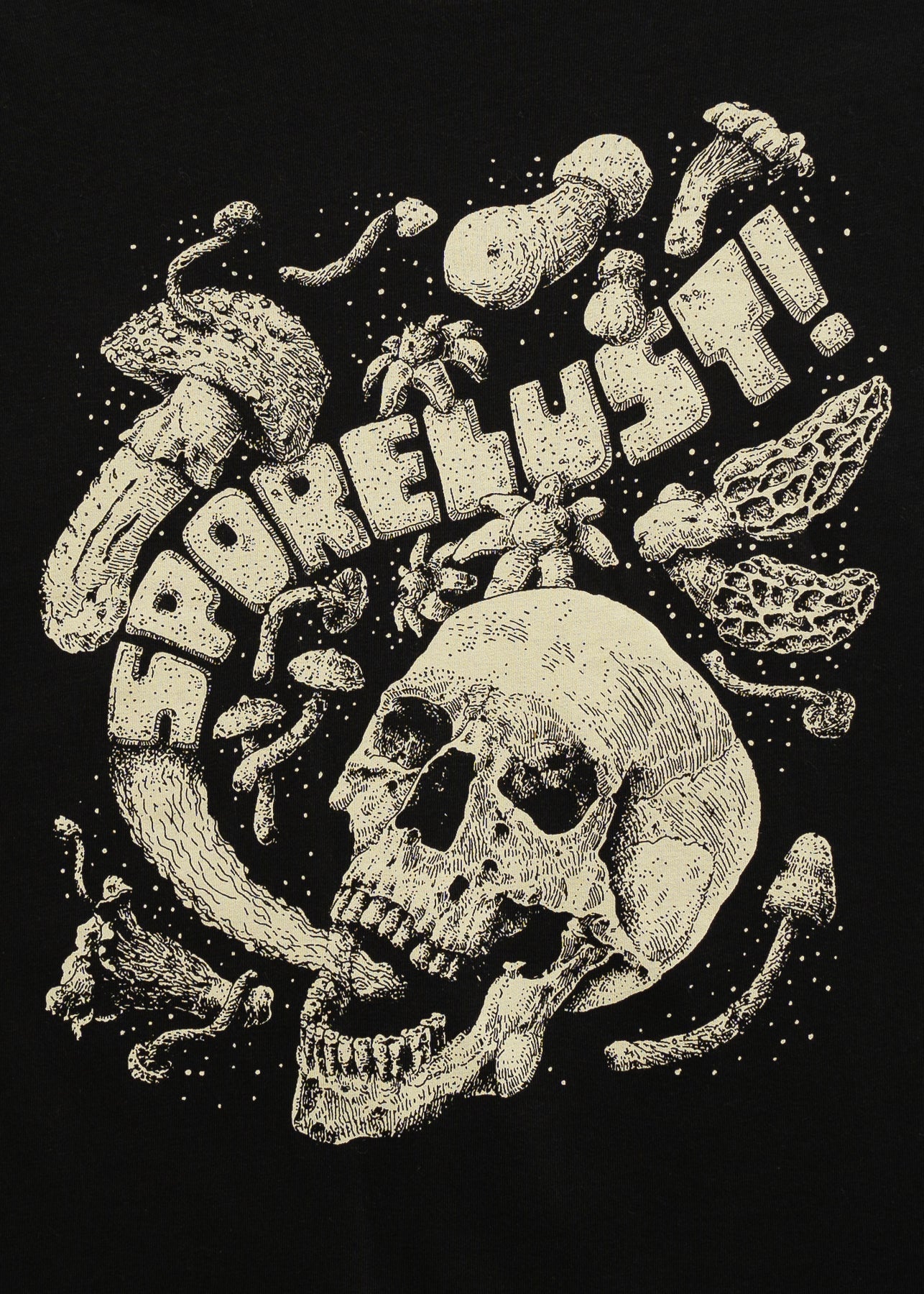 Sporelust! Yeller Mushroom Tee, Black Organic Cotton