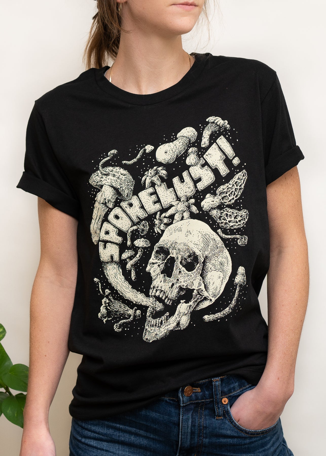 Sporelust! Yeller Mushroom Tee, Black Organic Cotton