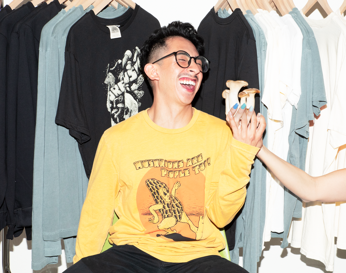 Mushrooms Are People Too Tee, Yellow Long Sleeve Organic Cotton